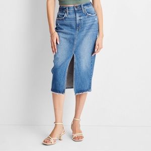 Universal Thread High-Rise Denim Midi Skirt, Medium Wash, Size 6